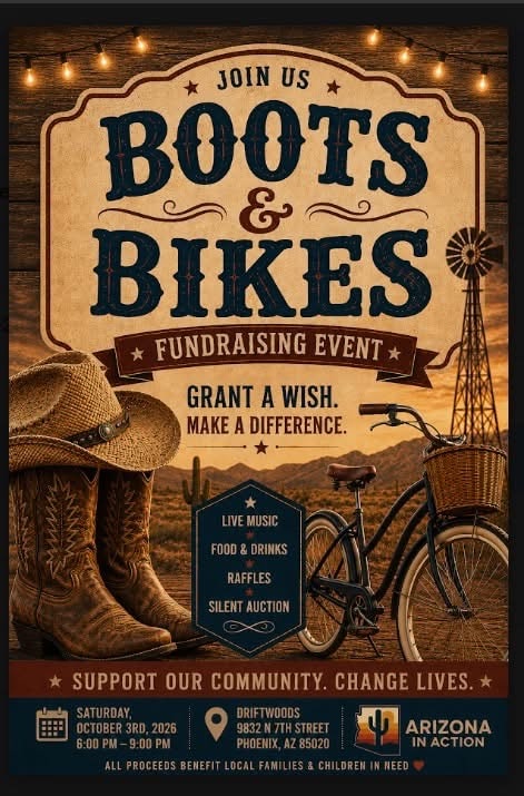 Boots and Bikes Arizona In Action fundraising event flyer